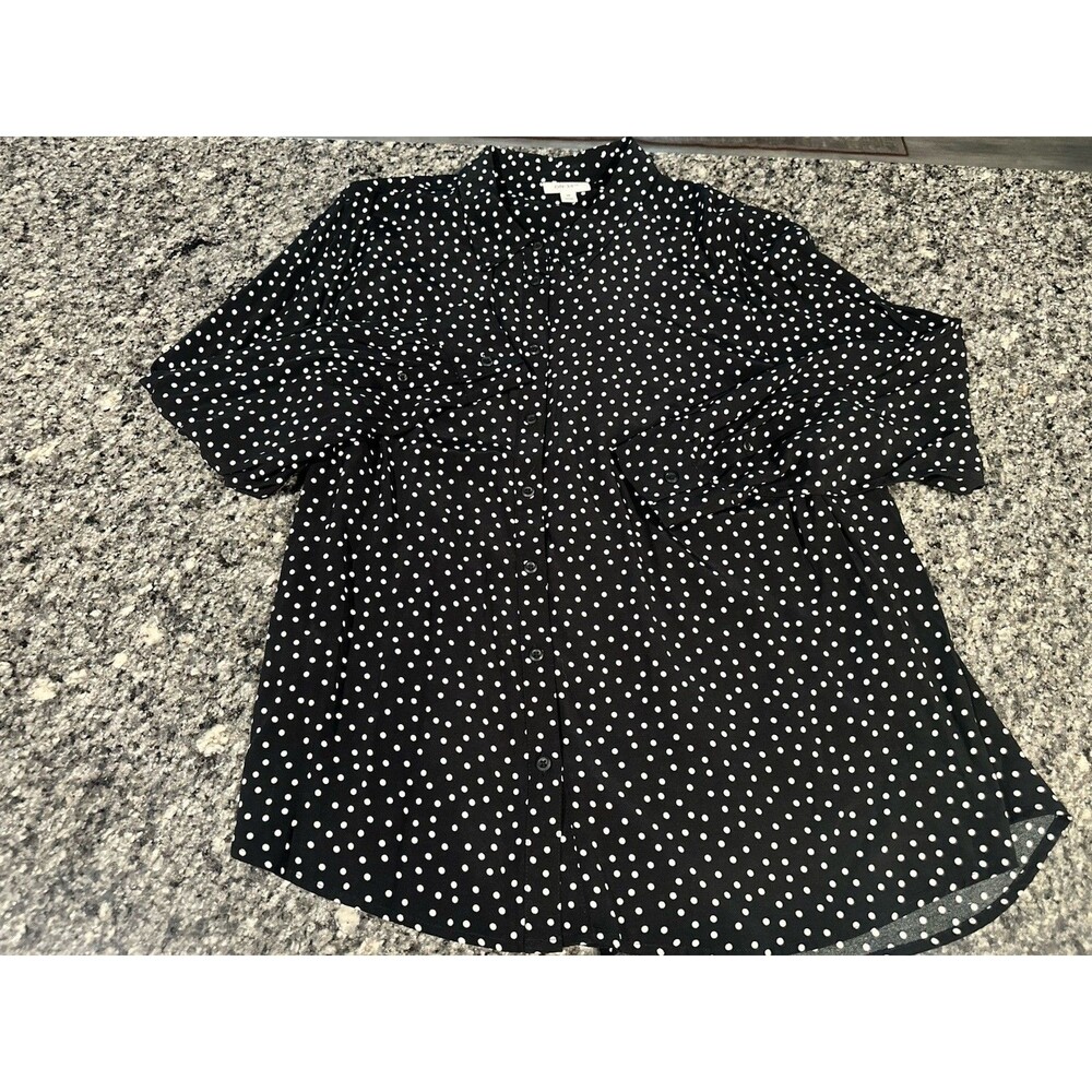 ON 34th Women’s 2X Black White Polka Dot Button-Front Tunic Blouse